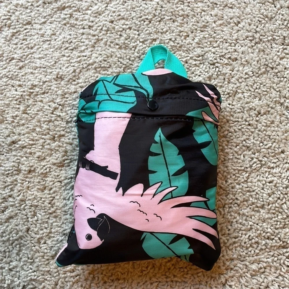 Foldable Black Backpack Flamingos Tropical Leaves Travel Adjustable Strap EUC